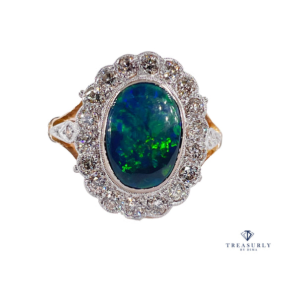 An exquisite 2.25ct Authentic Antique Art Deco Black Opal and Diamond Cluster Cocktail 18K Gold Ring