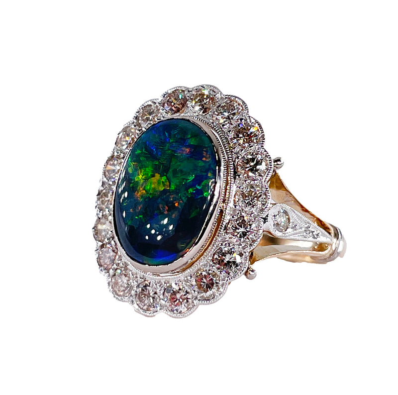 An exquisite 2.25ct Authentic Antique Art Deco Black Opal and Diamond Cluster Cocktail 18K Gold Ring