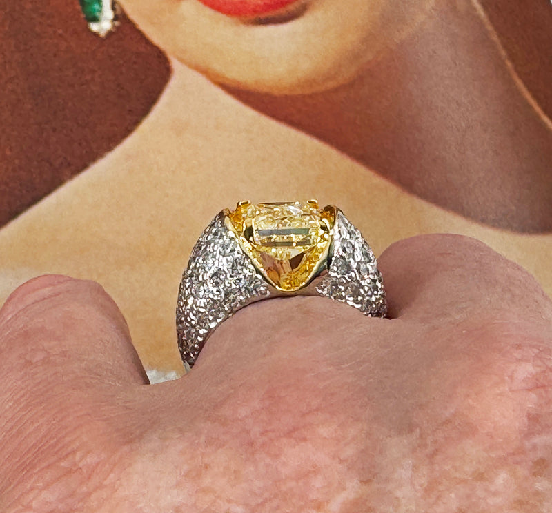 Vintage “Canary” GIA 7.02ctw Natural Fancy YELLOW Radiant Cut Diamond Dome 18K Ring