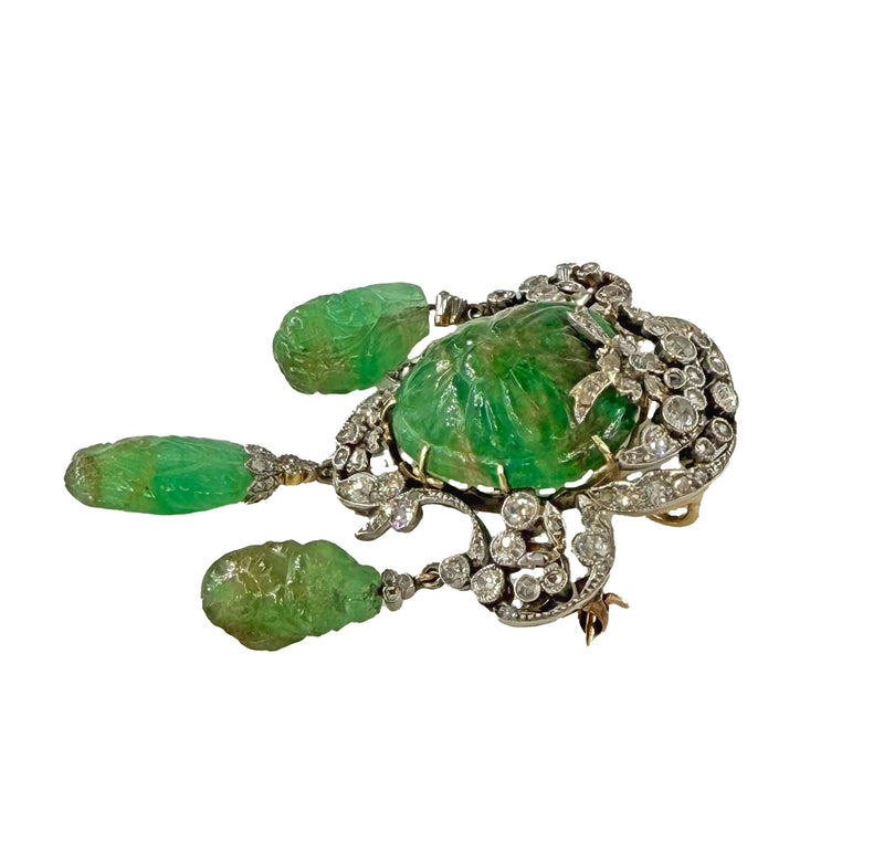 1900s GIA Mughal Carved EMERALD and Old Mine Rose Cut Diamond Platinum Topped-Gold Pendant Brooch