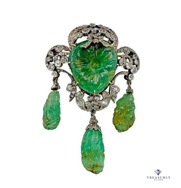 1900s GIA Mughal Carved EMERALD and Old Mine Rose Cut Diamond Platinum Topped-Gold Pendant Brooch