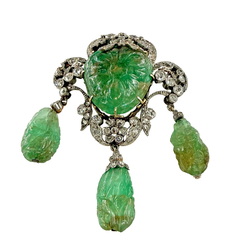 1900s GIA Mughal Carved EMERALD and Old Mine Rose Cut Diamond Platinum Topped-Gold Pendant Brooch