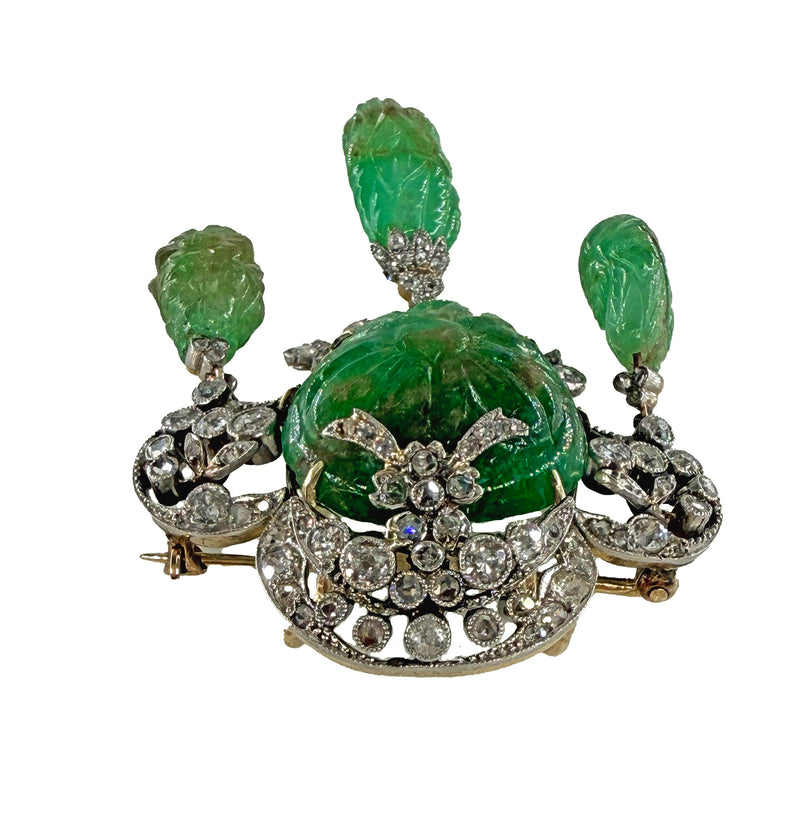1900s GIA Mughal Carved EMERALD and Old Mine Rose Cut Diamond Platinum Topped-Gold Pendant Brooch