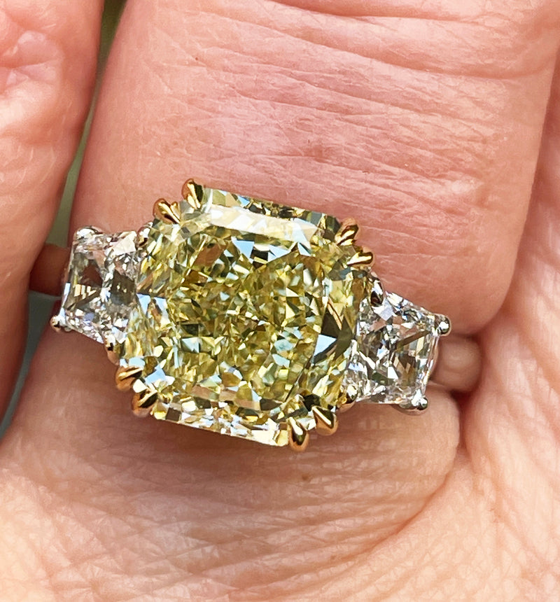 Vintage “Canary” GIA 4.32ctw Natural Fancy YELLOW Radiant Cut Diamond 3 Stone Platinum Ring