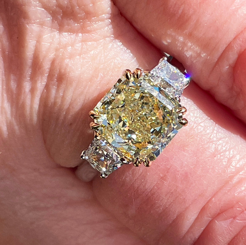 Vintage “Canary” GIA 4.32ctw Natural Fancy YELLOW Radiant Cut Diamond 3 Stone Platinum Ring