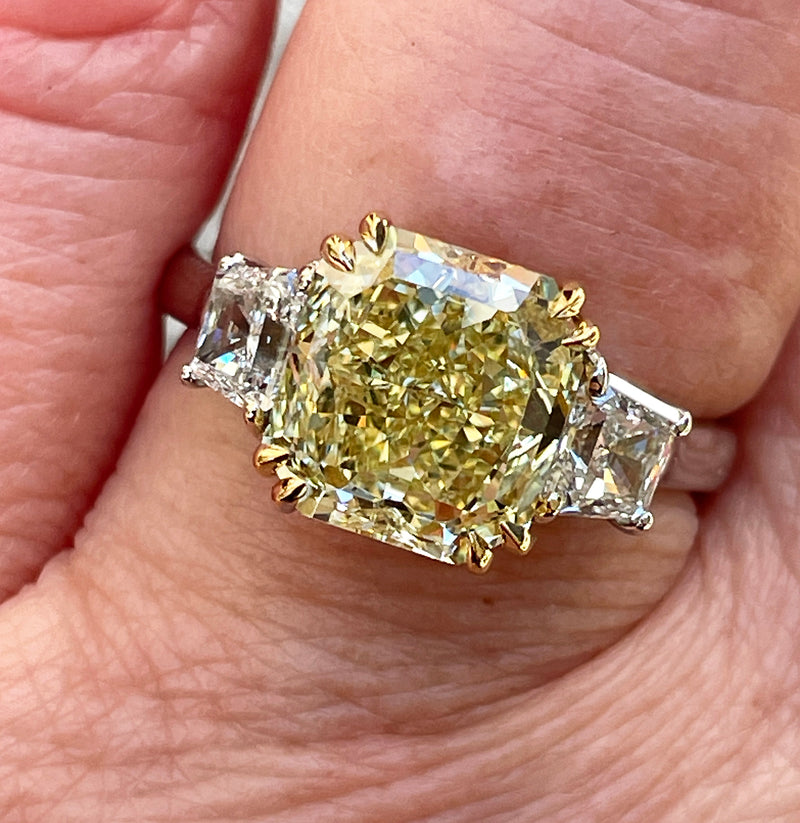 Vintage “Canary” GIA 4.32ctw Natural Fancy YELLOW Radiant Cut Diamond 3 Stone Platinum Ring