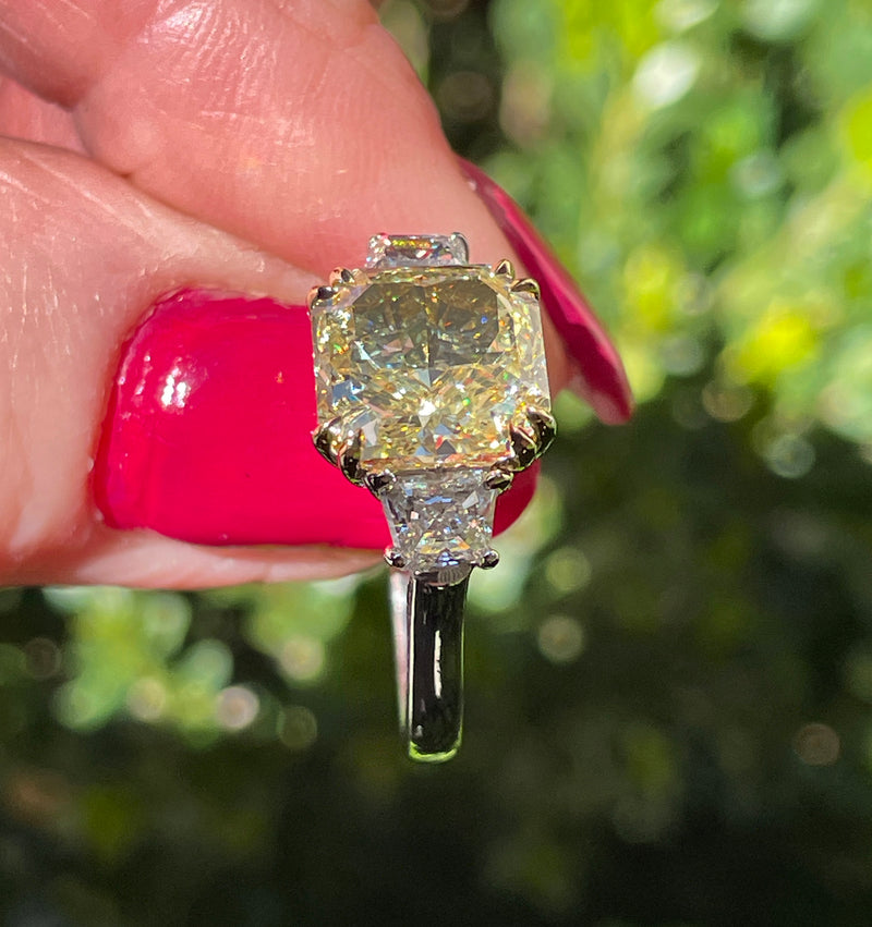 Vintage “Canary” GIA 4.32ctw Natural Fancy YELLOW Radiant Cut Diamond 3 Stone Platinum Ring