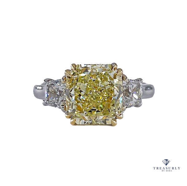 Vintage “Canary” GIA 4.32ctw Natural Fancy YELLOW Radiant Cut Diamond 3 Stone Platinum Ring