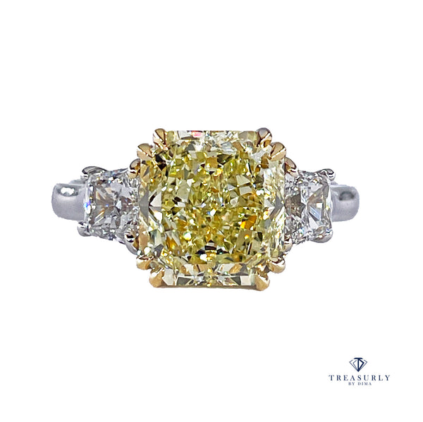 Vintage “Canary” GIA 4.32ctw Natural Fancy YELLOW Radiant Cut Diamond 3 Stone Platinum Ring
