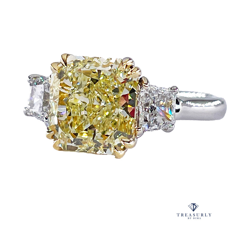 Vintage “Canary” GIA 4.32ctw Natural Fancy YELLOW Radiant Cut Diamond 3 Stone Platinum Ring