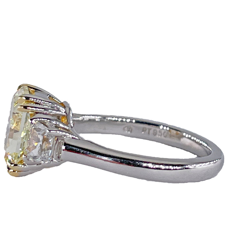 Vintage “Canary” GIA 4.32ctw Natural Fancy YELLOW Radiant Cut Diamond 3 Stone Platinum Ring