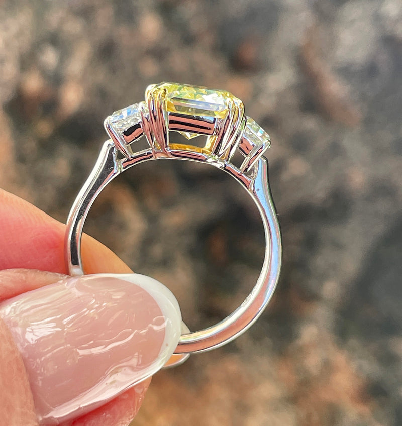 Vintage “Canary” GIA 4.32ctw Natural Fancy YELLOW Radiant Cut Diamond 3 Stone Platinum Ring