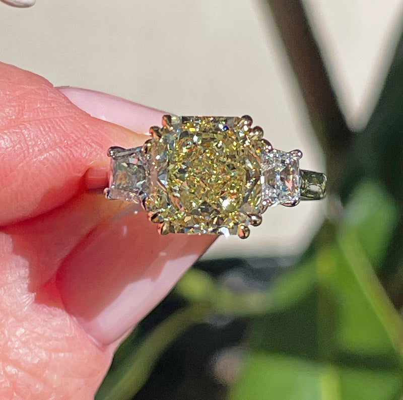 Vintage “Canary” GIA 4.32ctw Natural Fancy YELLOW Radiant Cut Diamond 3 Stone Platinum Ring