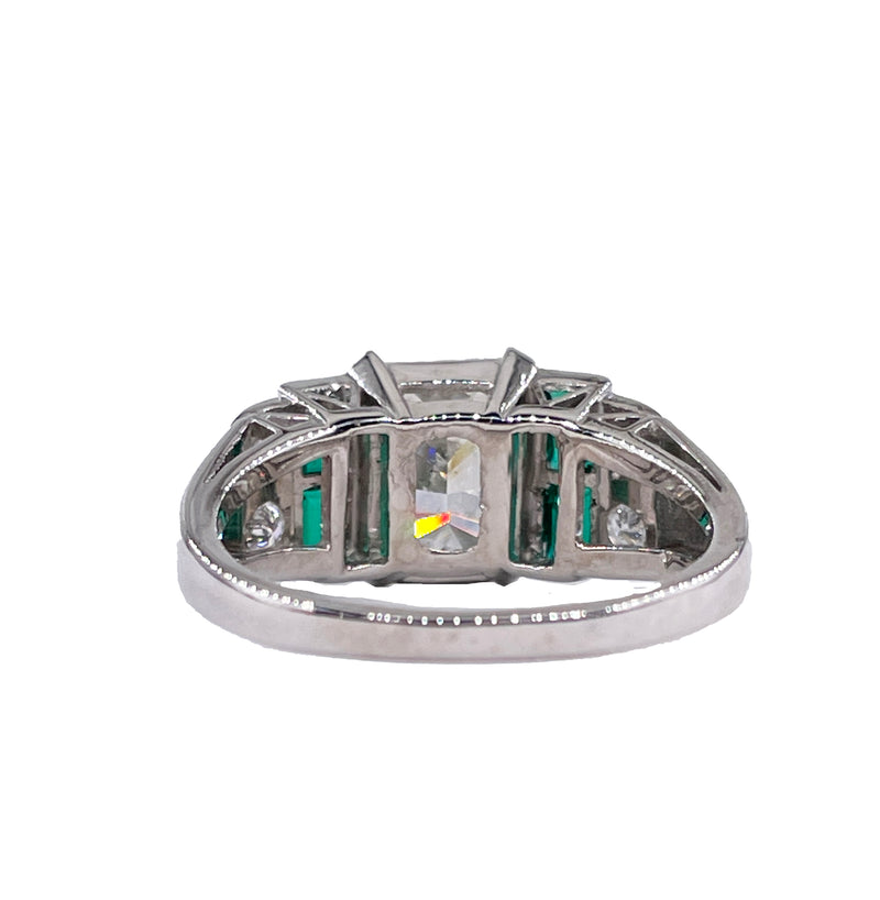 1980s Vintage GIA 3.77ctw Radiant cut DIAMOND & Green EMERALDs Platinum Ring