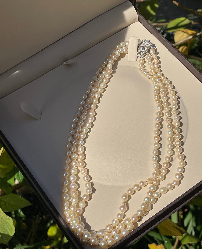 GIA 3-Strand Saltwater Akoya Baroque Japanese Pearl 14K White Gold Vintage Necklace