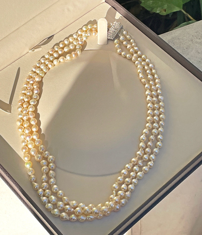 GIA 3-Strand Saltwater Akoya Baroque Japanese Pearl 14K White Gold Vintage Necklace