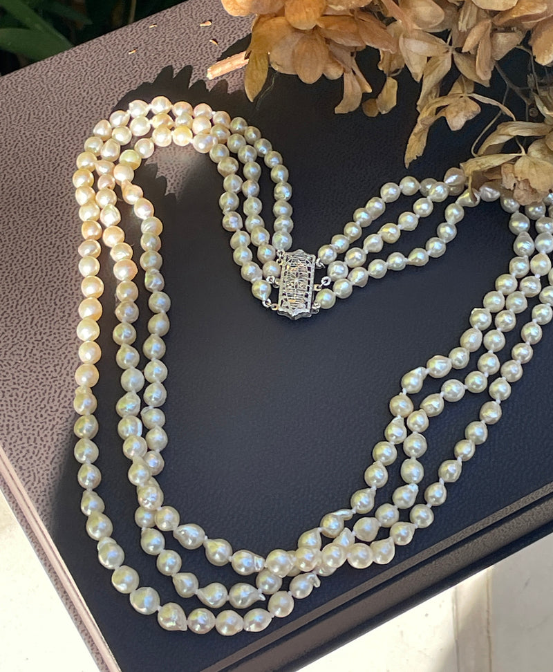 GIA 3-Strand Saltwater Akoya Baroque Japanese Pearl 14K White Gold Vintage Necklace