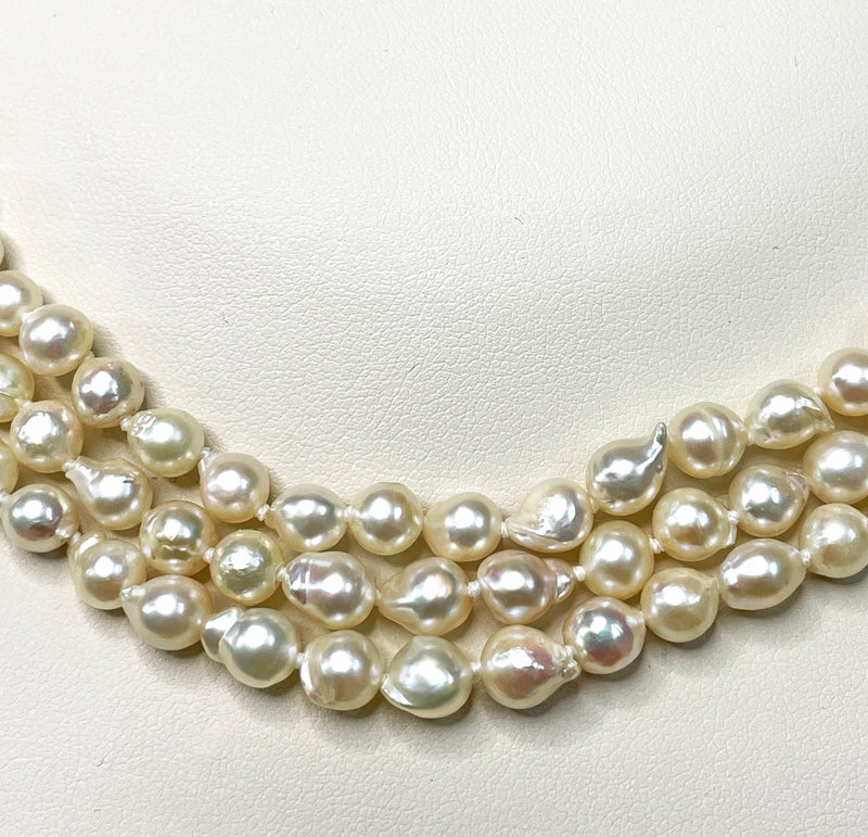 GIA 3-Strand Saltwater Akoya Baroque Japanese Pearl 14K White Gold Vintage Necklace