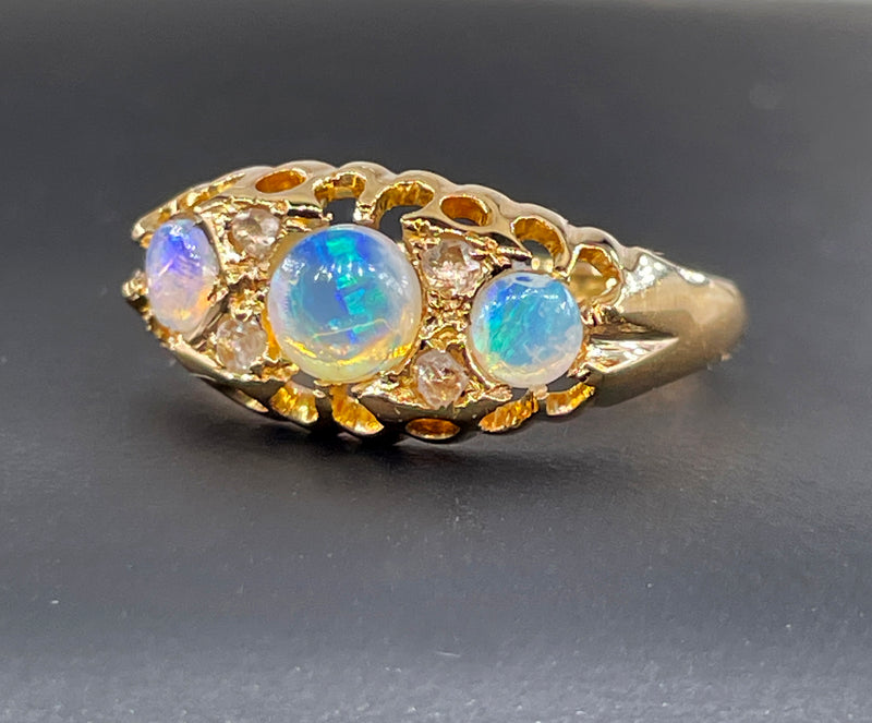1894 Victorian Antique Opal and Diamond Wedding Anniversary 18K Gold Ring Band