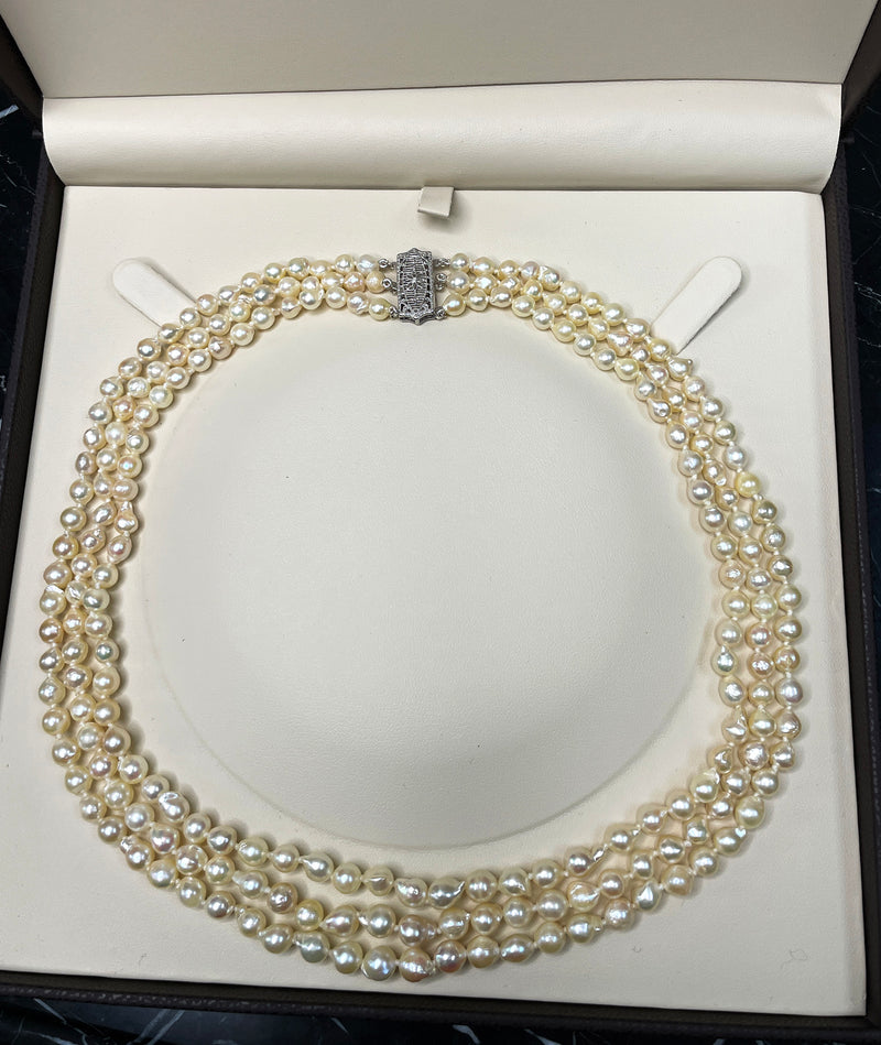 GIA 3-Strand Saltwater Akoya Baroque Japanese Pearl 14K White Gold Vintage Necklace