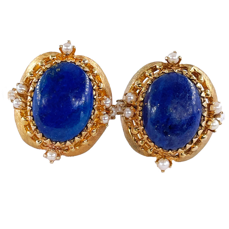 Vintage 14k Gold Lapis Lazuli Pearl Button Earrings Clips Post, Circa 1970s