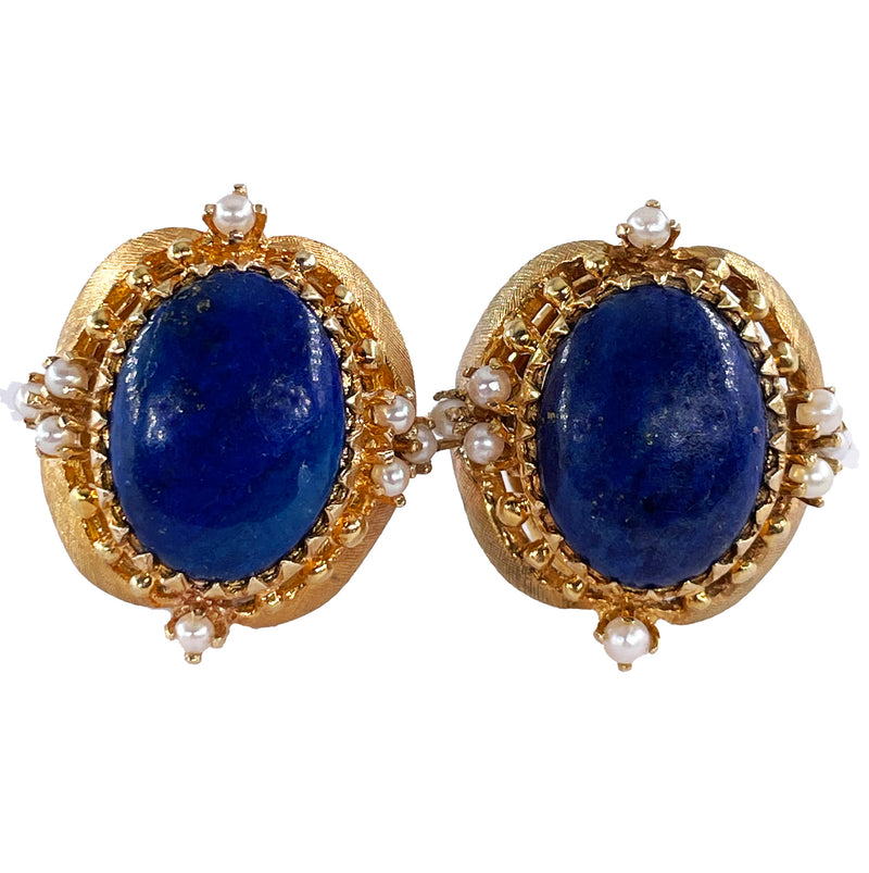 Vintage 14k Gold Lapis Lazuli Pearl Button Earrings Clips Post, Circa 1970s