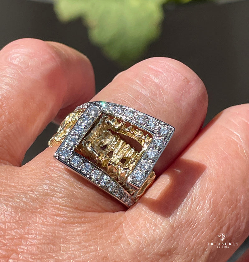 Vintage 18K Yellow Gold 0.80ct Diamond Nugget Free Form Ring; Diamond Dinner Ring; Diamond Sculptural Geometric Architectural Ring