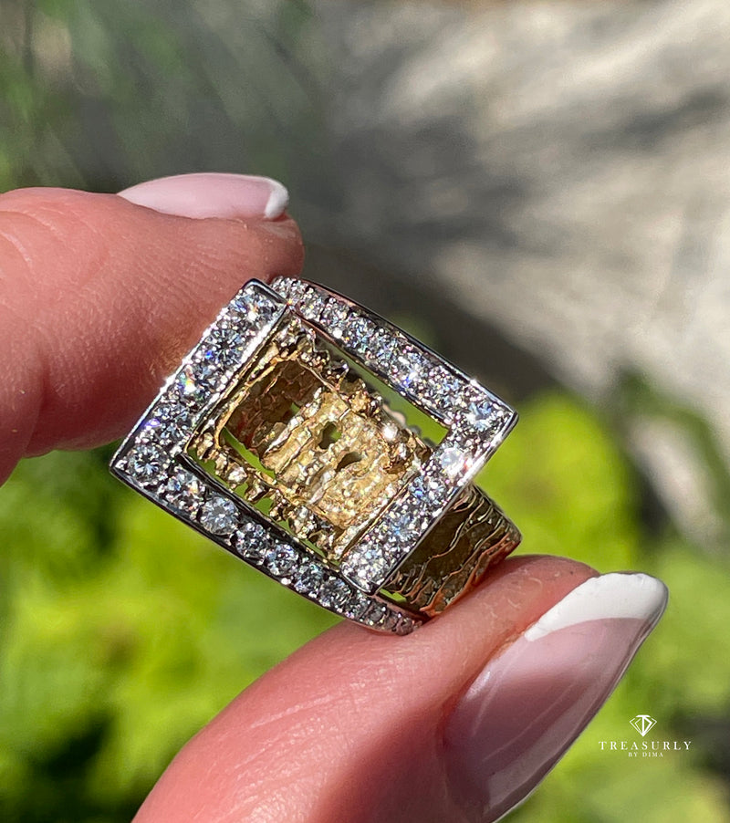 Vintage 18K Yellow Gold 0.80ct Diamond Nugget Free Form Ring; Diamond Dinner Ring; Diamond Sculptural Geometric Architectural Ring