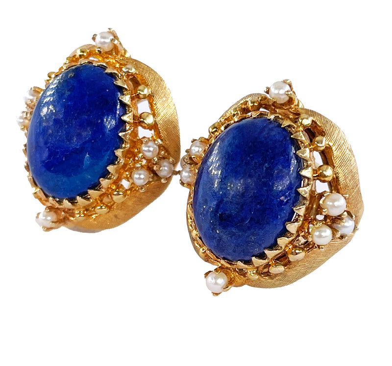 Vintage 14k Gold Lapis Lazuli Pearl Button Earrings Clips Post, Circa 1970s