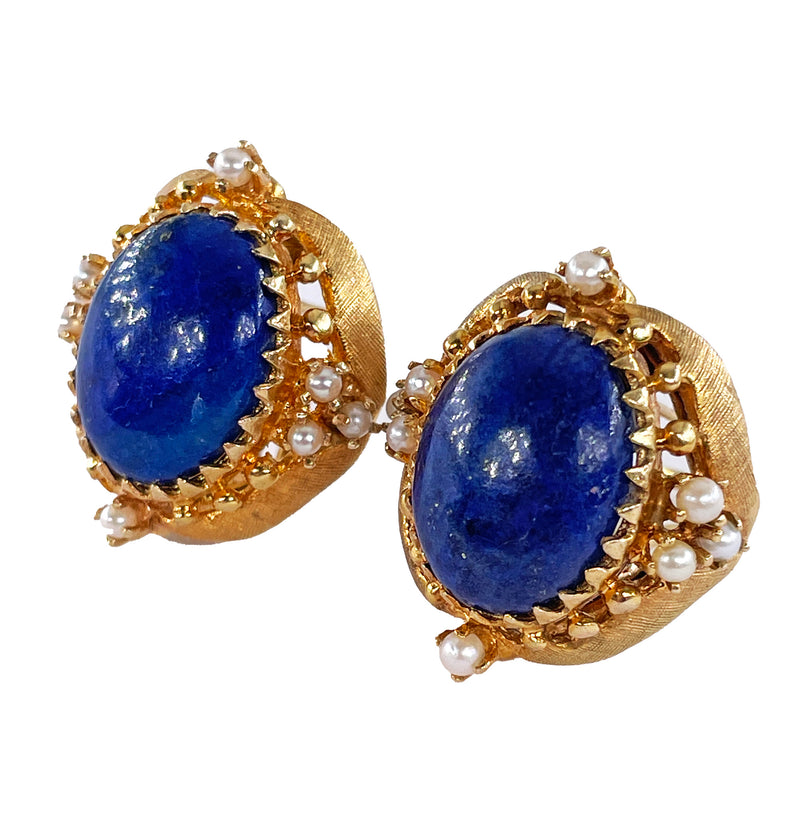 Vintage 14k Gold Lapis Lazuli Pearl Button Earrings Clips Post, Circa 1970s