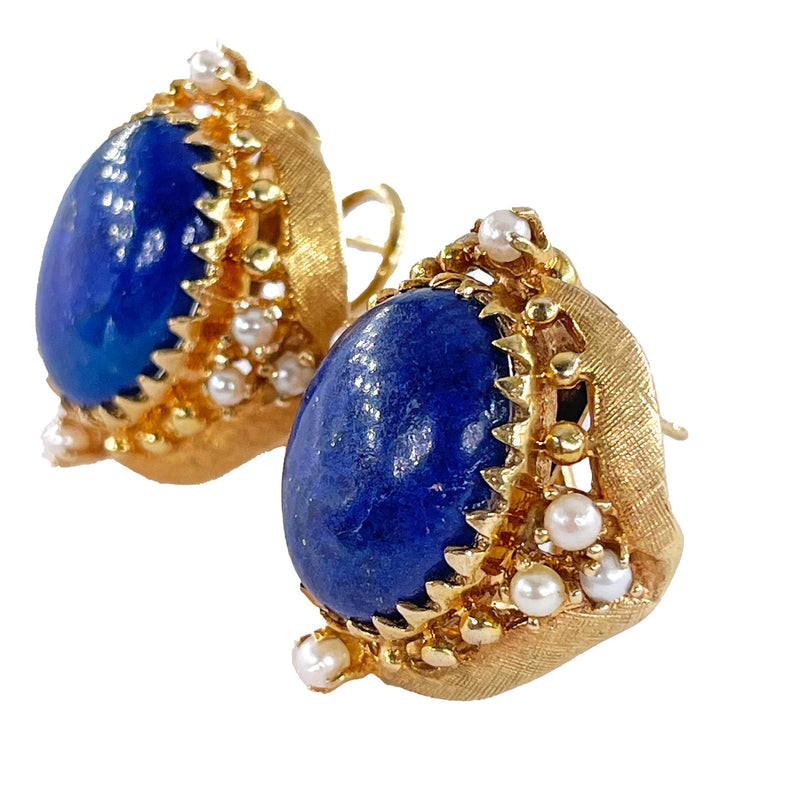 Vintage 14k Gold Lapis Lazuli Pearl Button Earrings Clips Post, Circa 1970s