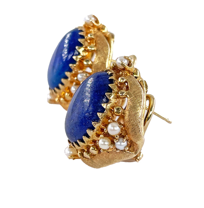 Vintage 14k Gold Lapis Lazuli Pearl Button Earrings Clips Post, Circa 1970s