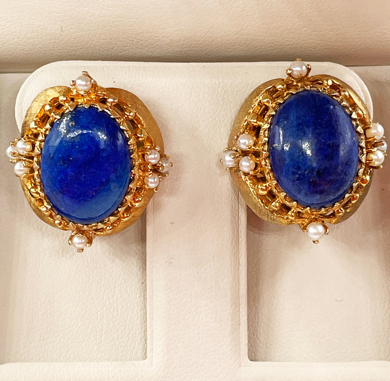 Vintage 14k Gold Lapis Lazuli Pearl Button Earrings Clips Post, Circa 1970s