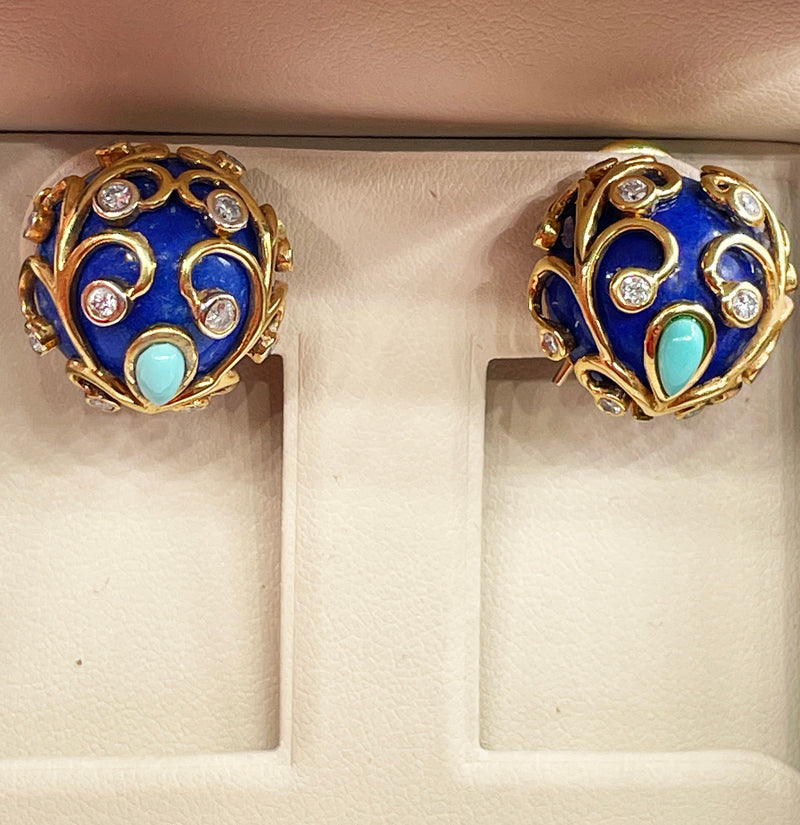 Vintage 18k Gold Lapis Lazuli Diamond Turquoise Button Earrings Clips Post