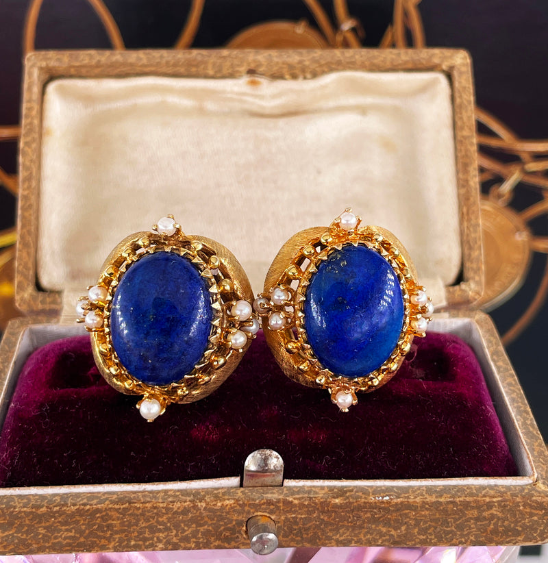 Vintage 14k Gold Lapis Lazuli Pearl Button Earrings Clips Post, Circa 1970s