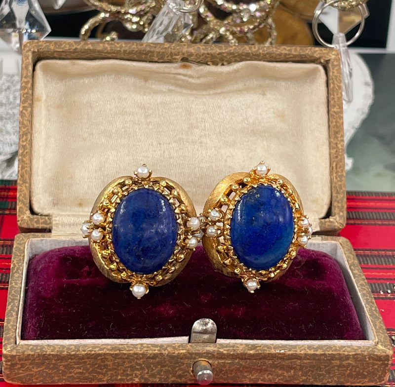 Vintage 14k Gold Lapis Lazuli Pearl Button Earrings Clips Post, Circa 1970s