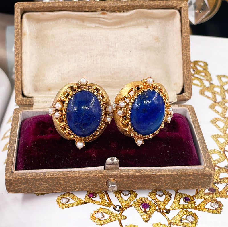 Vintage 14k Gold Lapis Lazuli Pearl Button Earrings Clips Post, Circa 1970s