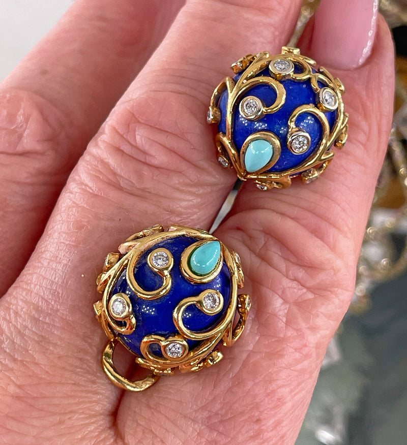 Vintage 18k Gold Lapis Lazuli Diamond Turquoise Button Earrings Clips Post