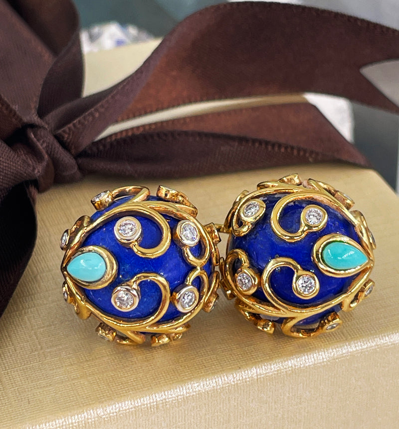 Vintage 18k Gold Lapis Lazuli Diamond Turquoise Button Earrings Clips Post