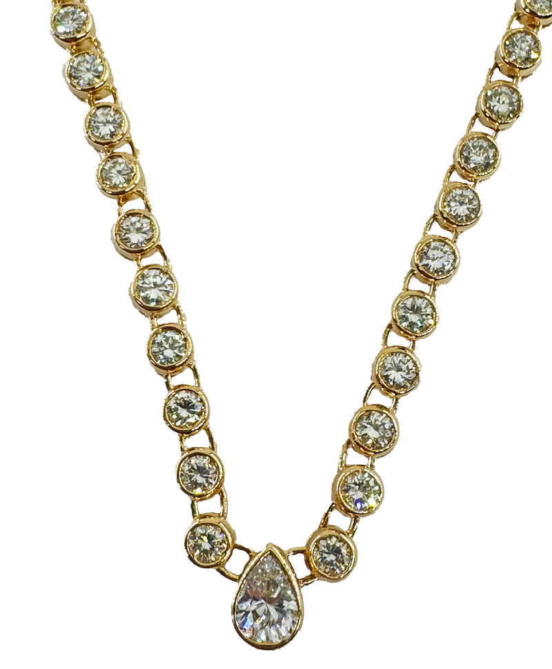 Italian Vintage 9.12ct Pear Shaped & Round Diamond Bezel Line Tennis Rivera 18K Gold Necklace