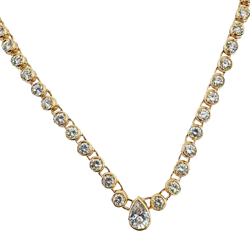 Italian Vintage 9.12ct Pear Shaped & Round Diamond Bezel Line Tennis Rivera 18K Gold Necklace