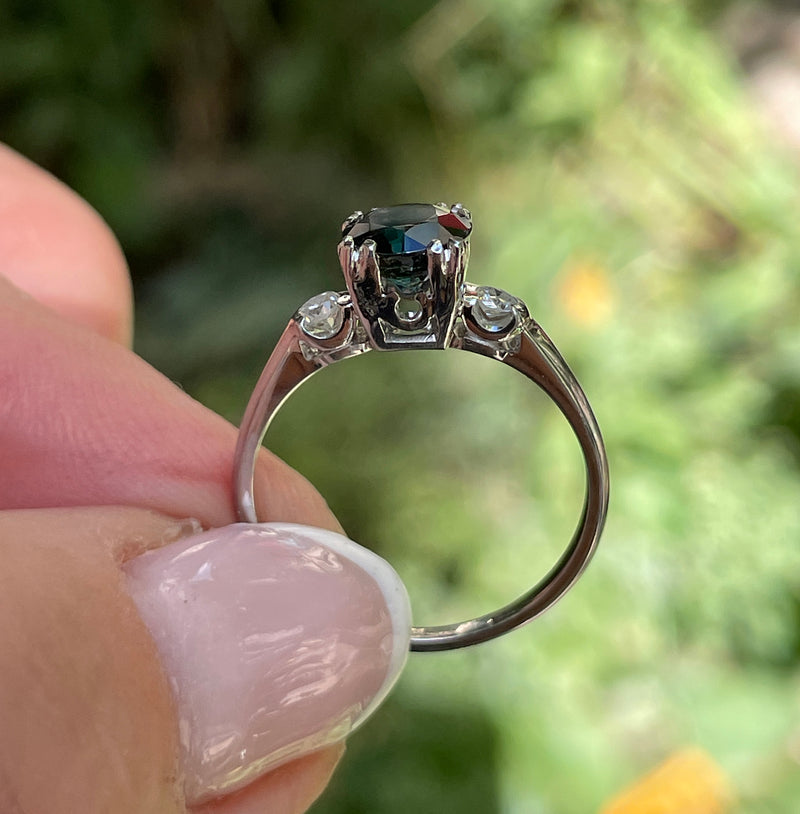 Art Deco 1.34ct Solitaire Round Green Sapphire & Diamond Wedding 18K Vintage Antique Ring