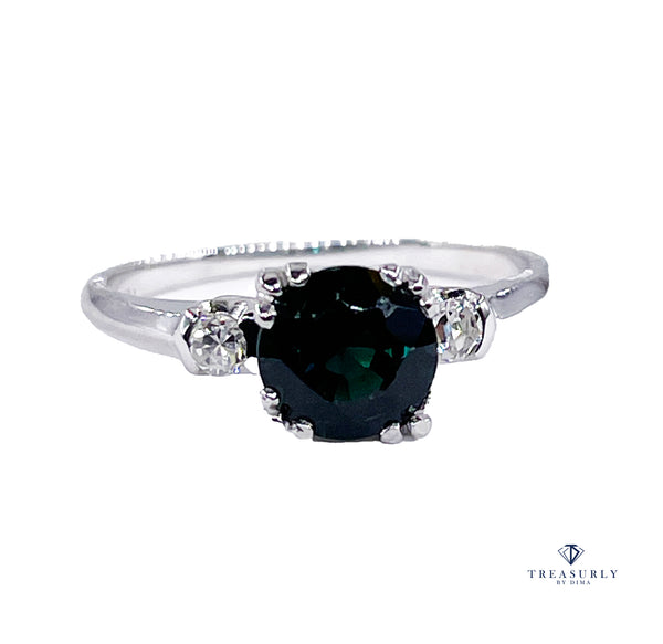 Art Deco 1.34ct Solitaire Round Green Sapphire & Diamond Wedding 18K Vintage Antique Ring