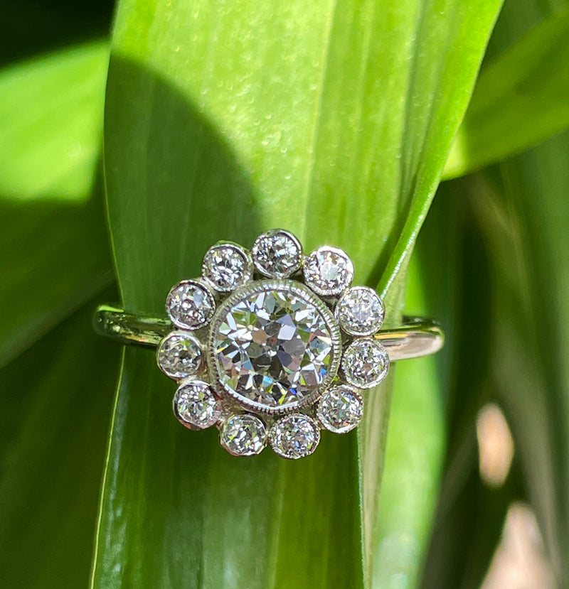 Vintage GIA Colorless 2.06ctw Old European Diamond Flower Cluster Platinum Ring