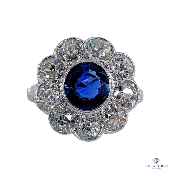 Antique GIA 5.20ctw Ceylon Sapphire Old European Diamond Cluster Blossom Flower 18K White Gold Ring