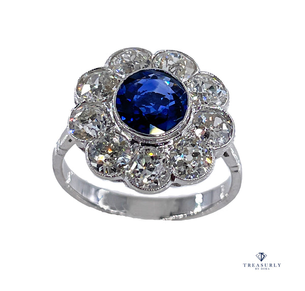 Antique GIA 5.20ctw Ceylon Sapphire Old European Diamond Cluster Blossom Flower 18K White Gold Ring