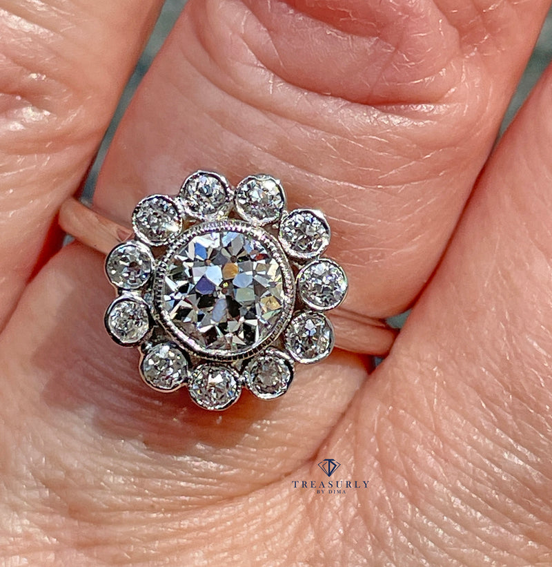Vintage GIA Colorless 2.06ctw Old European Diamond Flower Cluster Platinum Ring
