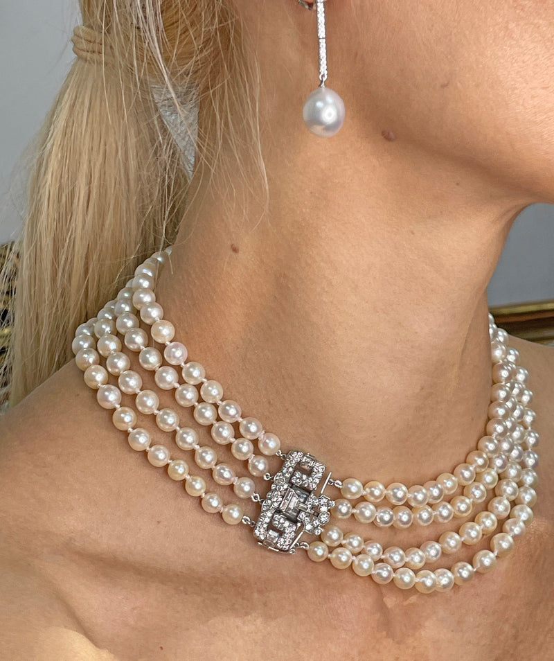 Art Deco GIA Multi Strand Vintage Graduated Saltwater Akoya PEARL NECKLACE Diamond Platinum Clasp