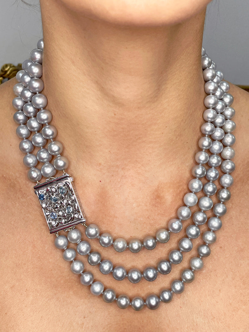 Multi Strand A DIAMOND, SAPPHIRE & Cultured Grey PEARL Necklace 18K White Gold