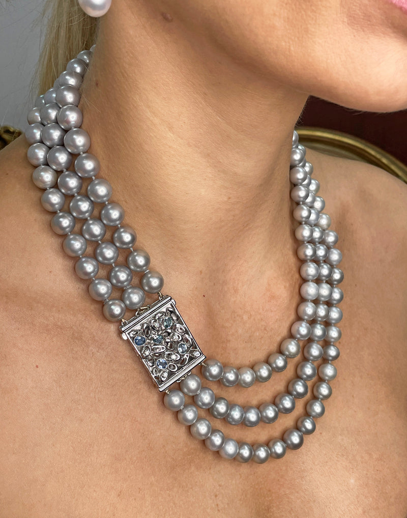 Multi Strand A DIAMOND, SAPPHIRE & Cultured Grey PEARL Necklace 18K White Gold